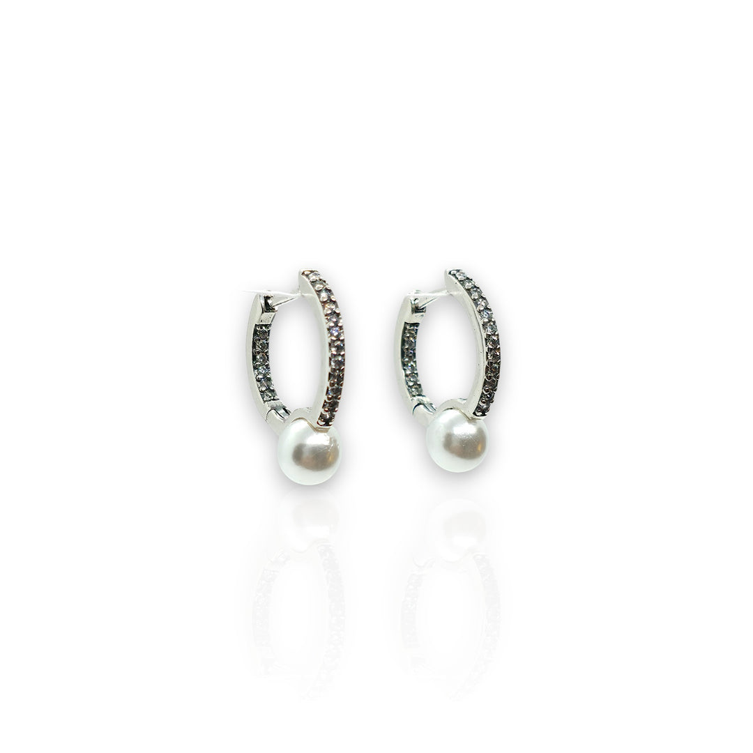 Ladies’ Hoop Earrings in 925 Sterling Silver with Zirconia and Pearl – Elegant & Sparkling